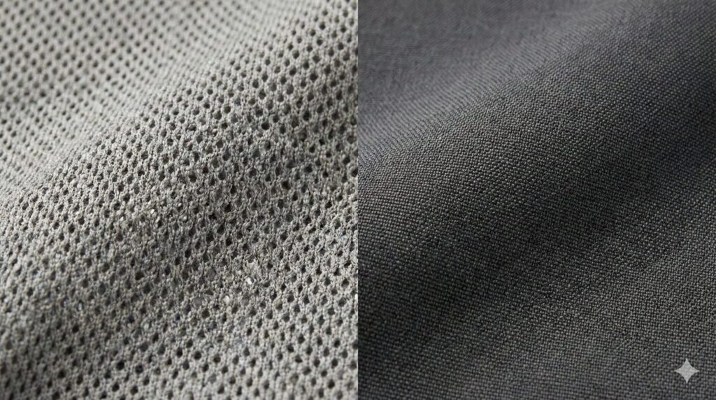 スタンダードモデルで選択可能なメッシュ状の「Balance生地」（左）と、ゲーミングモデル標準の密度の高い「Sync生地」（右）の質感比較クローズアップ写真。
