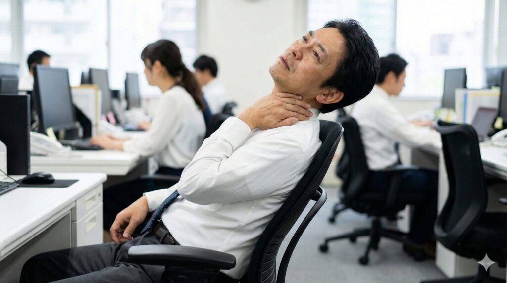  ヘッドレストのないオフィスチェアでリクライニングし首の疲れを感じている日本人男性