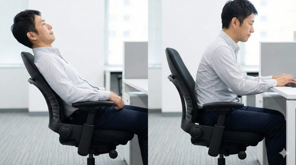  リープチェアの「LiveBack」機能が、異なる座り姿勢においても背骨のカーブに合わせて柔軟にフィットし、サポートしている様子を示す写真。