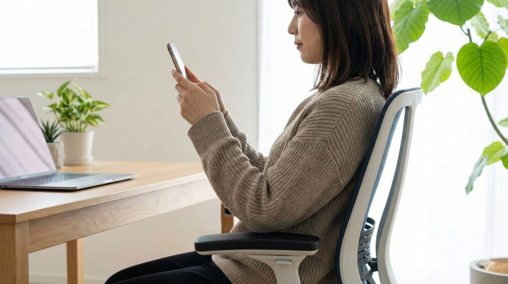 自宅のデスクでイトーキアクトチェアに座る日本人女性。内側に寄せた4Dアームレストに肘を乗せ、スマートフォンを目の高さで快適に操作している様子。