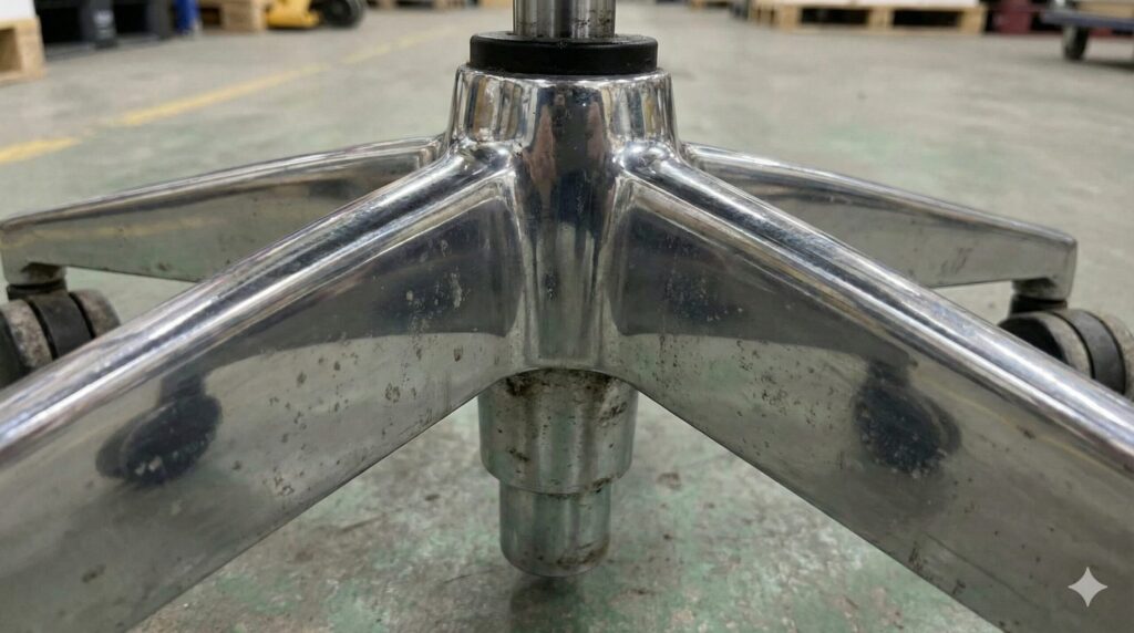 中古のイトーキ スピーナチェアのアルミミラー仕上げ脚部のクローズアップ。使用に伴う擦り傷や汚れが確認でき、中古品の状態を示す例。