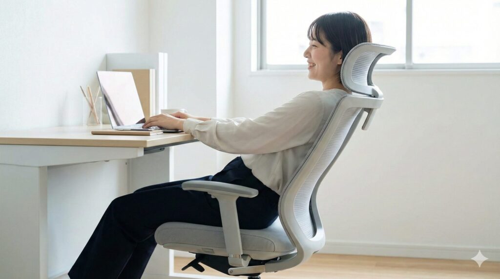 オカムラフィノラに座り、背もたれに体を預けた快適な後傾姿勢でノートPC作業をしている日本人女性。