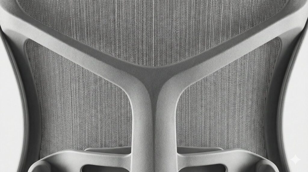  樹脂とファブリックが一体化したミラ2チェアのバタフライバック背もたれ構造