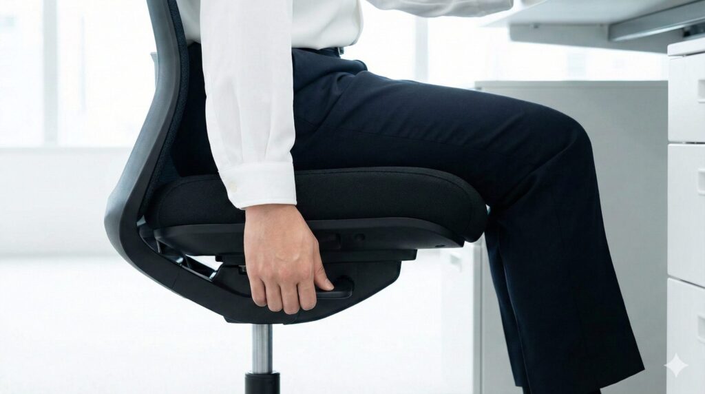 日本人がコクヨベゼルの座面左下にあるレバーを操作し、座面の奥行きを調整している様子。