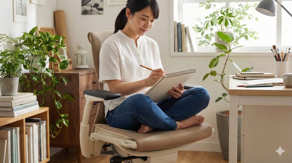 エンボディチェアの広い座面の上で、快適にあぐらをかいてスケッチブックに描いている日本人女性の様子。座面の端に硬いフレームがないため、リラックスした姿勢がとれている。

