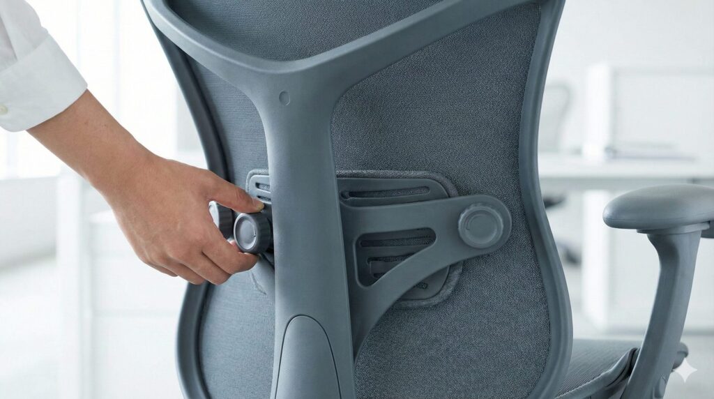 ミラ2チェアの背面にある調整可能なランバーサポートのダイヤルを回して、腰へのフィット感を調整している様子。