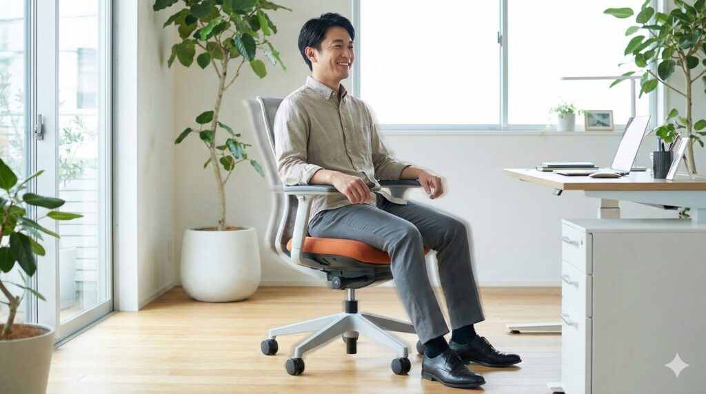 バランスボールのように座面が360度自由に動くオフィスチェアに座り、リラックスした笑顔で体を揺らしている日本人男性。座面の動きを示すわずかなモーションブラーがかかっており、動的なサポート機能が視覚的に表現されている。