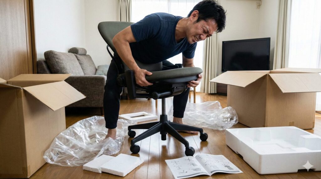 日本人男性がリビングで重たいリープチェアの座面ユニットを持ち上げ、苦労しながらガスシリンダーに取り付けようとしている様子。周囲には段ボールや梱包材が散乱しており、組み立ての難易度と労力を伝えている。