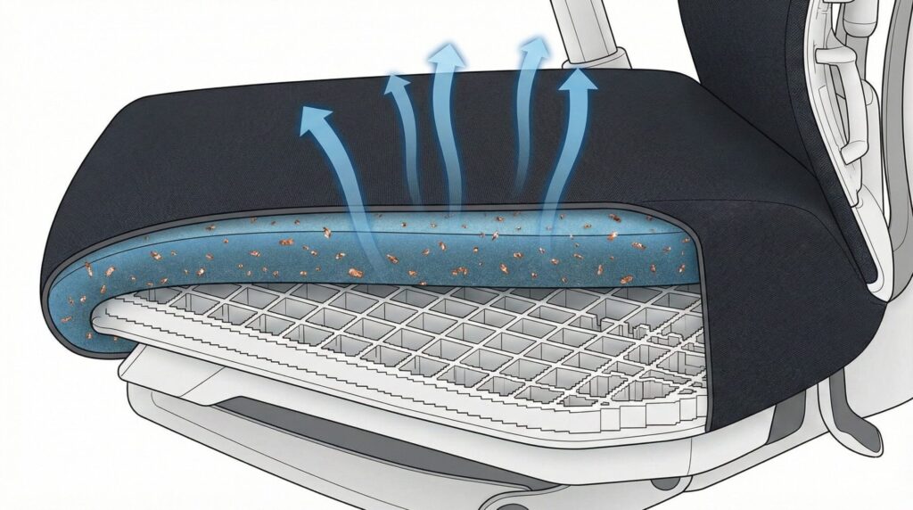 ロジクールGとコラボしたエンボディゲーミングチェアの座面断面図説。銅粒子を含むクーリングフォームの層が熱を逃がし、快適な座り心地を提供する構造を視覚的に解説。