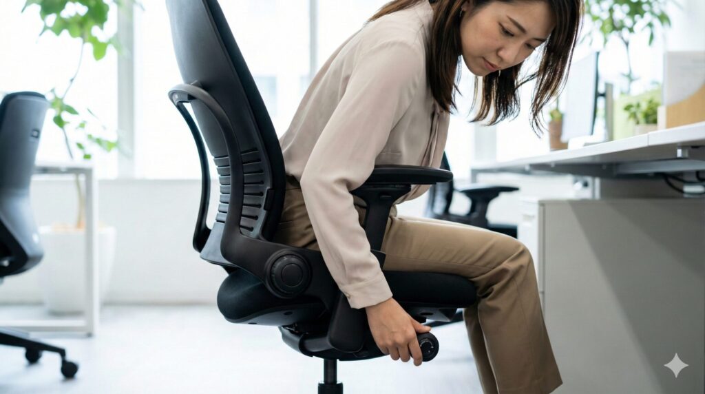 リープチェアの座り心地を改善するために座面や背もたれの調整ダイヤルを操作する日本人女性