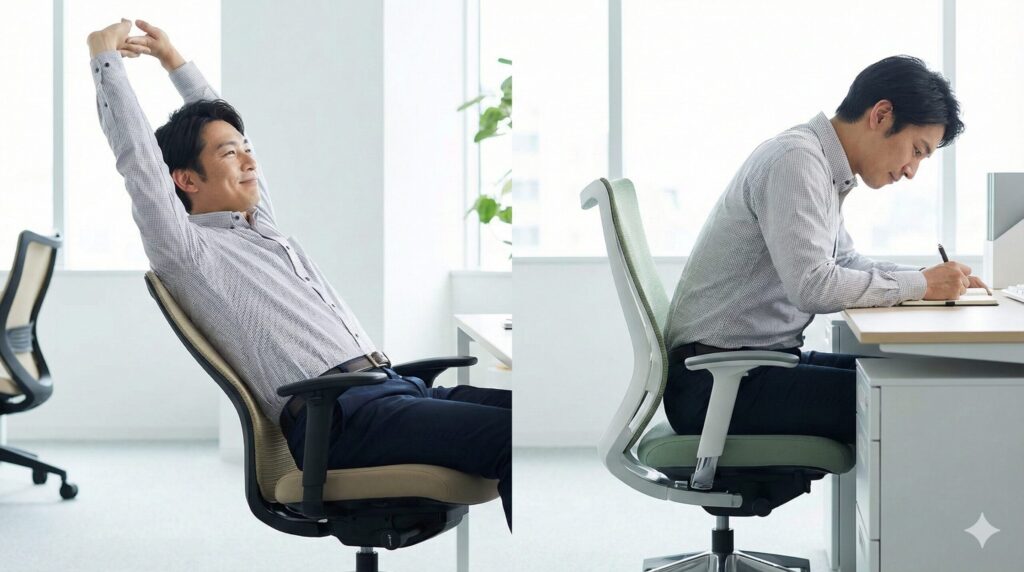左側はイトーキアクトチェアでリラックスしてストレッチする男性、右側はオカムラシルフィーで前傾姿勢になり集中して書き物をする男性の比較写真。それぞれのチェアが得意とする姿勢の違いを示している。