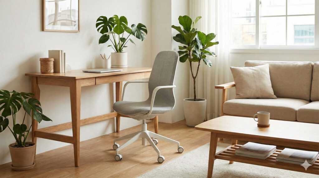 ナチュラルな木製家具と観葉植物が配置されたモダンなリビングルームに、グレーのシンプルなファブリック製オフィスチェアが違和感なく置かれている写真。