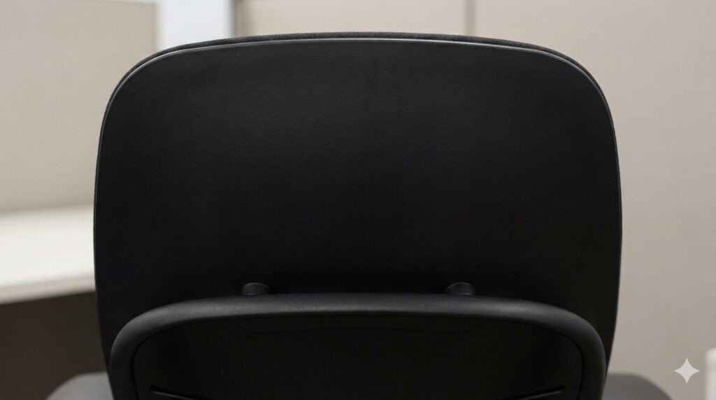 リープチェアの背もたれ上部背面のクローズアップ写真。ヘッドレストを取り付けるためのネジ穴や取付口が一切なく、滑らかな樹脂カバーで覆われている様子が写っており、後付けが不可能な構造であることを示している。
