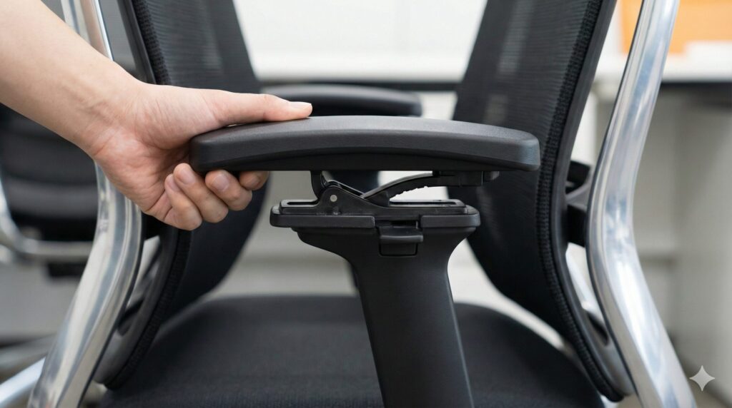  オカムラフィノラの4Dアームレストを日本人の手が操作しているクローズアップ写真。高さや角度調整のための可動部の構造が見て取れる。