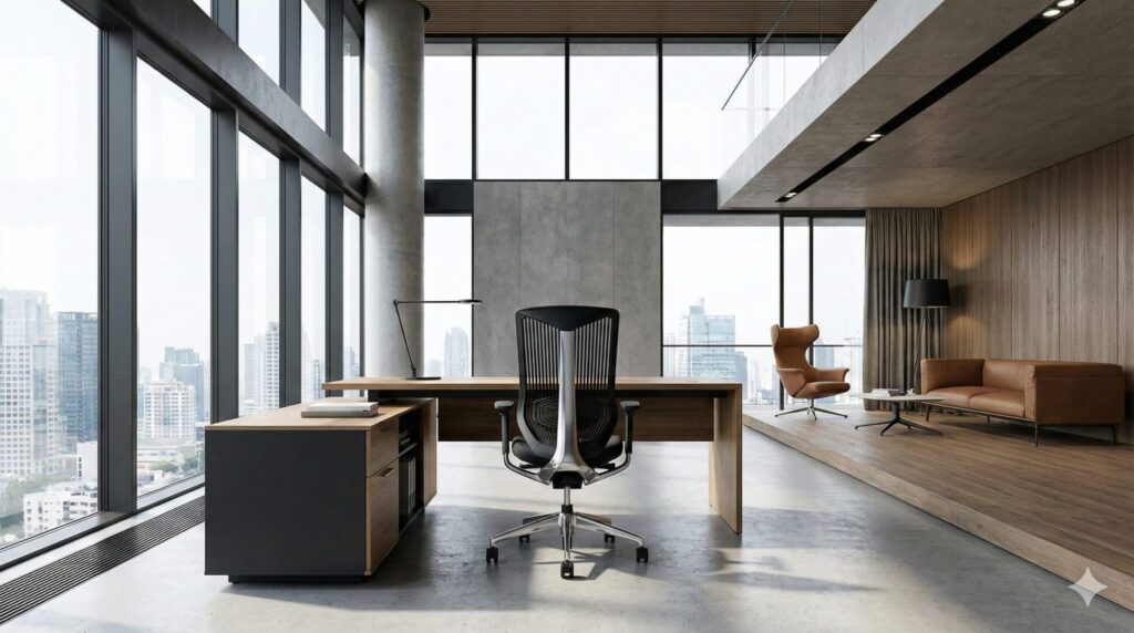 自然光が差し込むモダンで洗練されたオフィス空間に置かれたイトーキ スピーナチェア。グッドデザイン賞金賞を受賞した美しいデザインが際立っている。