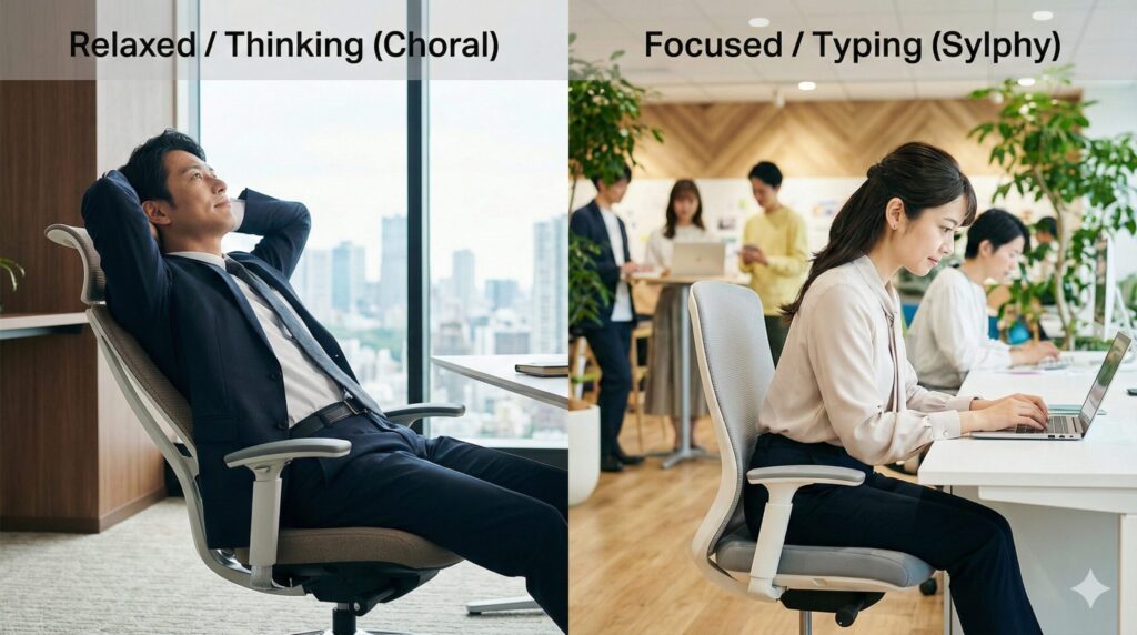 オカムラ コーラルでの後傾リラックス姿勢と、シルフィーでの前傾集中姿勢の比較。コーラルは思考作業や休息に適し、シルフィーはPC入力などの集中作業に適している様子を利用シーンで対比。