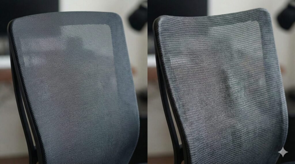 コクヨベゼルの背面メッシュの比較。左側は新品で張りのある状態、右側は経年劣化でたわみが生じている中古の状態を示している。