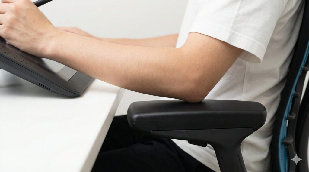 液タブ作業中の腕とエンボディチェアのアームレストのクローズアップ。アームレストの幅が広すぎるため、肘がサポートされず脇が空いてしまっている状態を示す。