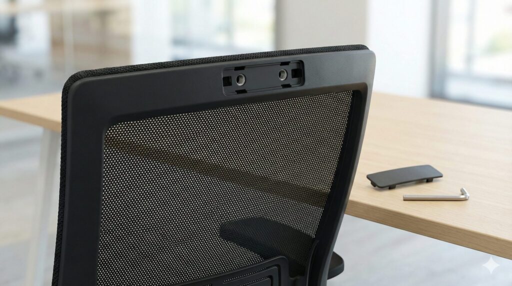 オカムラシルフィーのハイバックモデルの背面写真。背もたれ上部のフレームにある化粧カバーが外され、ヘッドレスト取り付け用のネジ穴が2つ見えている状態。その横のデスク上に六角レンチが置かれている。