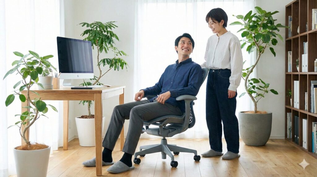 ホームオフィスで、体格の異なる日本人カップルがミラ2チェアを共有している様子。男性が座り、女性が隣に立っている。