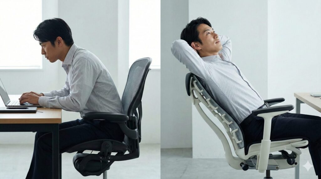 画面を左右に分割した写真。左側は前傾姿勢をサポートするメッシュチェア（アーロンチェア風）で集中してタイピングする日本人男性。右側は背骨全体を包み込むような構造のチェア（エンボディチェア風）で後傾姿勢になりリラックスして考え事をしている日本人男性。異なる作業スタイルと椅子の哲学を対比させている。