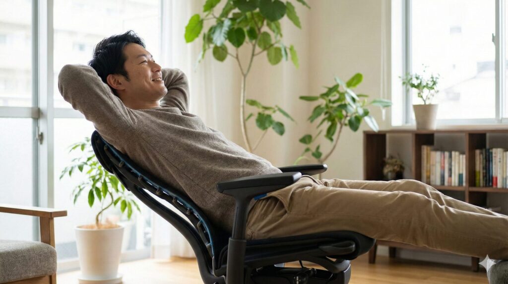 エンボディチェアに深く座り、リラックスしてリクライニングしている日本人男性の写真。背骨のカーブに合わせて背もたれが追従し、身体をサポートしている様子がわかる。