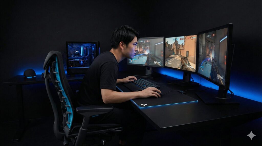 黒を基調としたゲーミングデスク環境で、ハーマンミラー×ロジクールGのエンボディチェアに座り、前傾姿勢でマルチモニターでのFPSゲームプレイに集中している日本人男性。