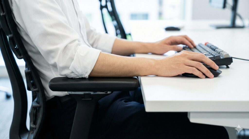 アームレストの高さをデスクと揃えて肩こりを防ぎながら快適にタイピングする手元