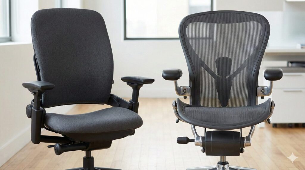  左側のスチールケース「リープチェアV2」と、右側のハーマンミラー「アーロンチェア」を並べて比較した写真。ウレタンとメッシュという素材の違いや、デザインの構造の違いが明確に分かる。

