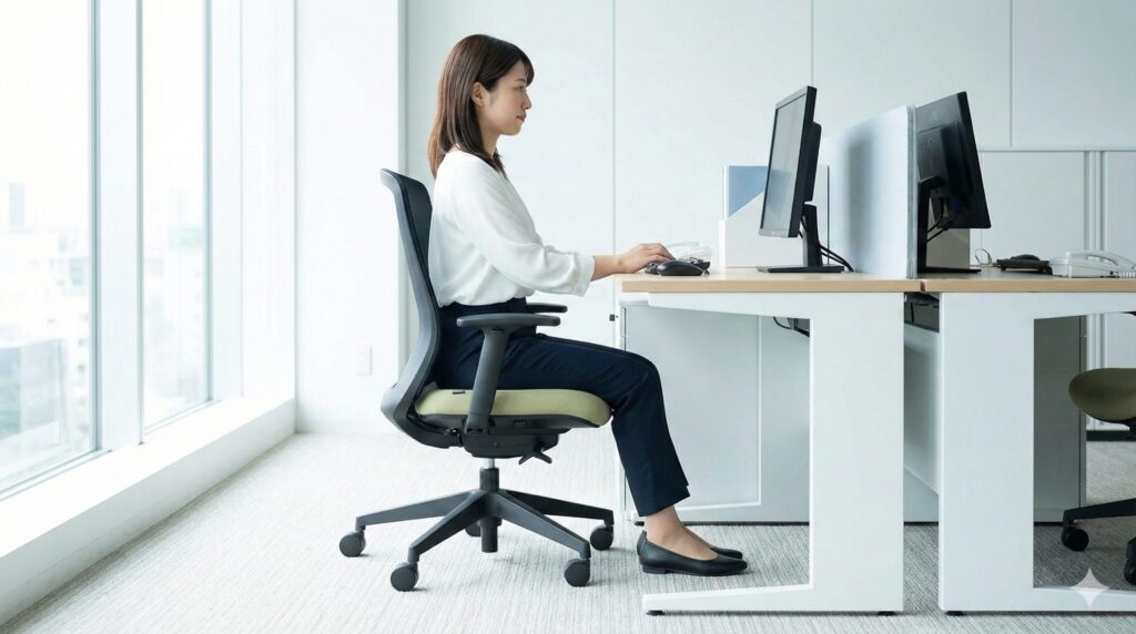 明るいオフィスで、小柄な日本人女性がイトーキアクトチェアに座り、両足の裏をしっかりと床につけて正しい姿勢でデスクワークをしている様子。