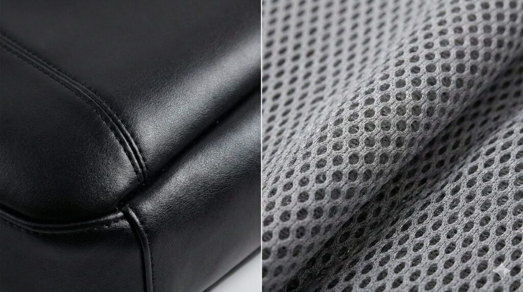 左側に黒いPUレザーの滑らかな質感、右側にグレーのメッシュ素材の通気孔がある質感を並べたクローズアップ比較写真。素材による通気性の違いを示している。