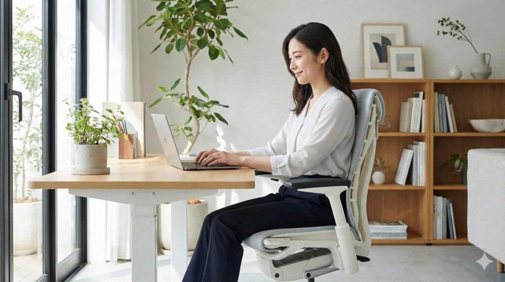 自然光が差し込む明るくおしゃれなホームオフィスで、白フレームとライトグレーのBalance生地を採用したスタンダードモデルのエンボディチェアに座り、リラックスした様子でノートパソコンを操作する日本人女性。