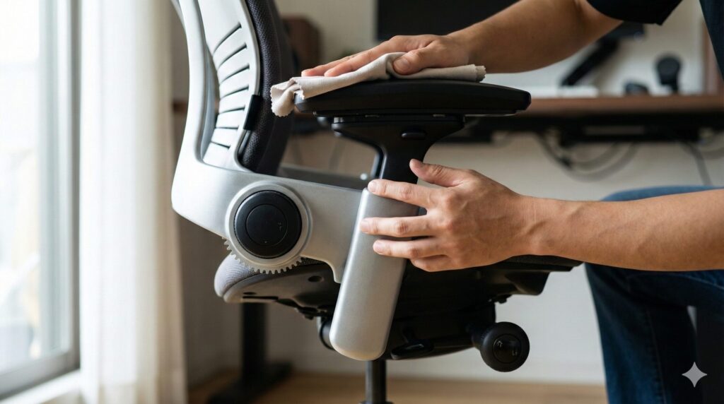 長く使い続けるために、高機能チェアのアームレストや調整レバーを操作してメンテナンスを行う様子。