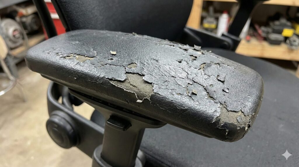 中古のリープチェアに見られる、経年劣化で表面がひび割れ、ボロボロになったアームパッドのクローズアップ写真。