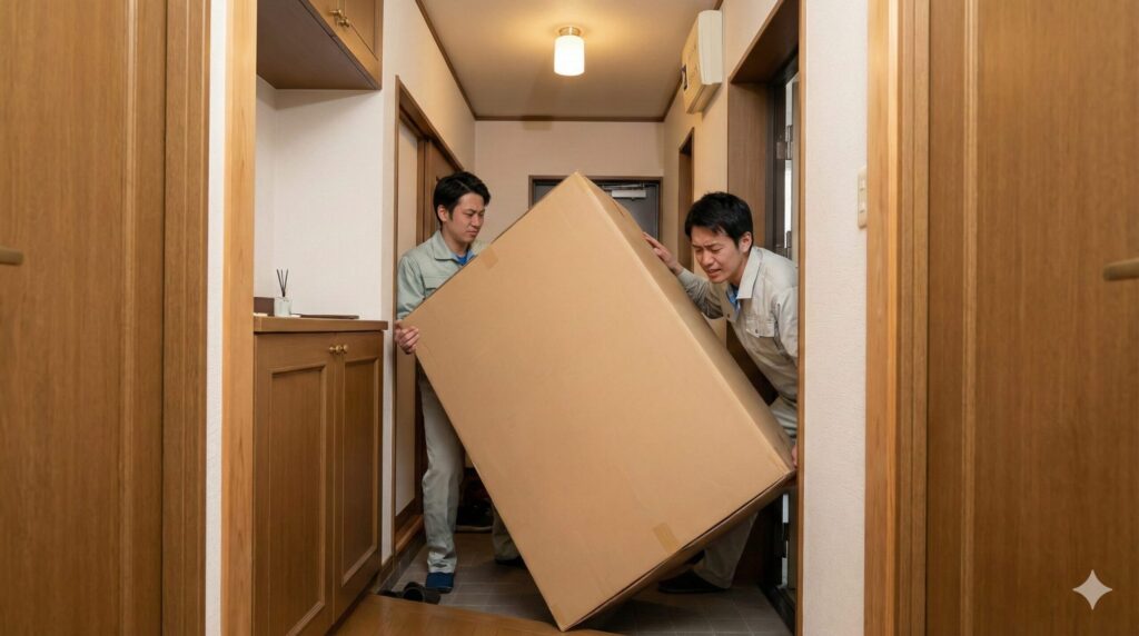 日本の一般的な住宅の狭い玄関廊下で、配送業者の男性二人がオフィスチェアが入った大きな段ボール箱を苦労しながら搬入しようとしている様子。