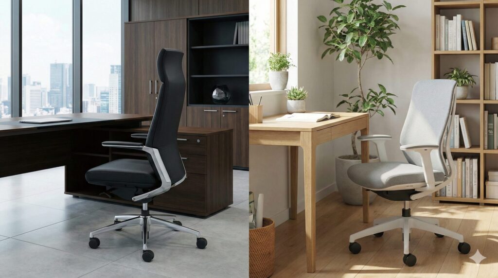 高級感のあるエグゼクティブオフィスに置かれたレザー仕様のオカムラ コーラルと、親しみやすいホームオフィスに置かれたファブリック仕様のオカムラ シルフィーの比較写真。デザインと素材感による雰囲気の違いが示されている。