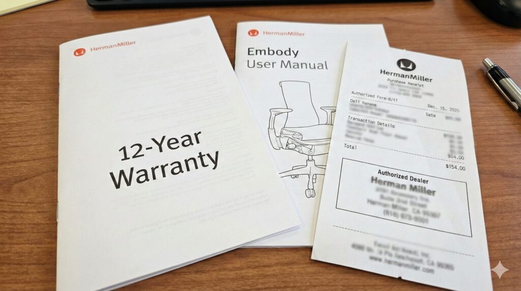 ハーマンミラーの公式ドキュメント写真。「12-Year Warranty」と明記された保証書、エンボディチェアのユーザーマニュアル、正規販売店の購入レシートがデスク上に並べられている。新品購入の重要性を示す。