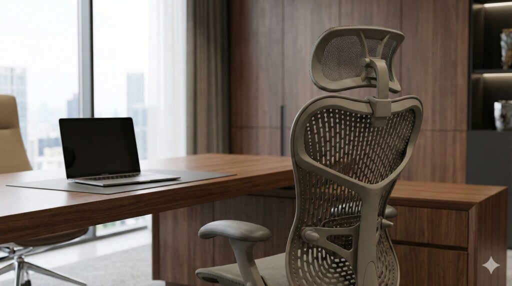 ミラ2チェアに装着可能なサードパーティ製ヘッドレストの取り付けイメージ

