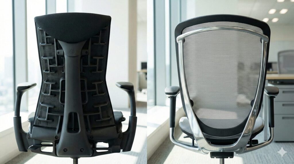 ハーマンミラーのエンボディチェアとオカムラのコンテッサ セコンダを背面から撮影した比較写真。それぞれの独自のデザイン、フレーム構造、メッシュとファブリックの違いが明確に示されている。