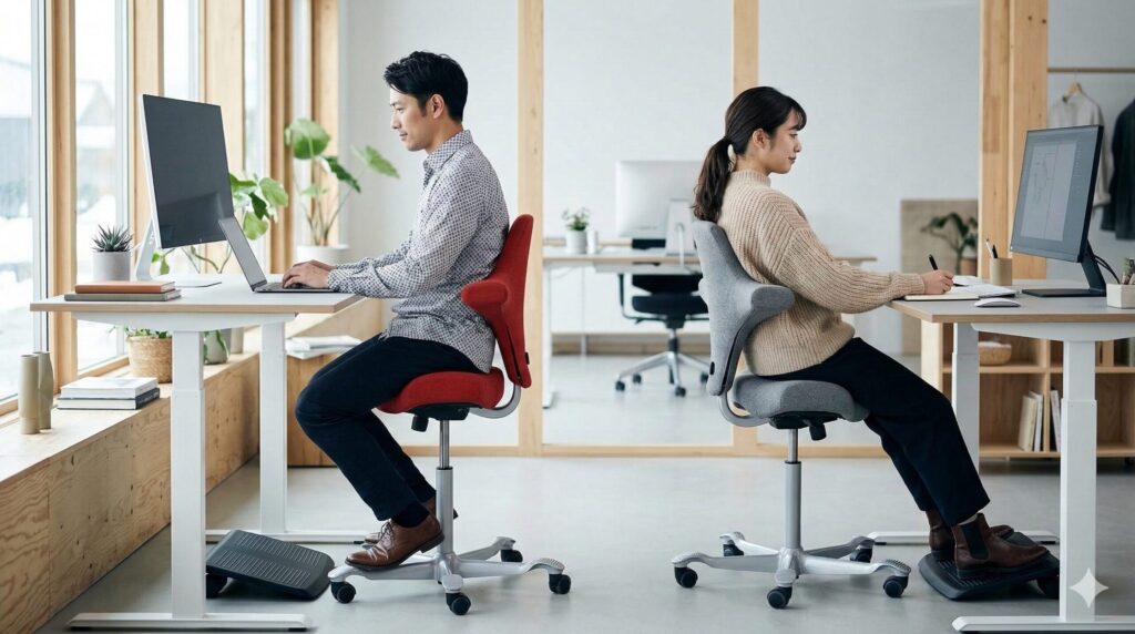 HAGのカピスコに座って、異なる姿勢でデスクワークをする日本人の様子。サドル型座面のユニークさと自由な座り方を示す。