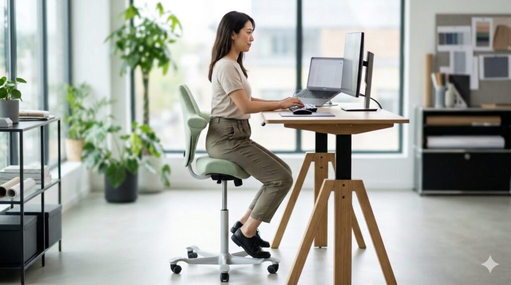 日本人女性が昇降デスクとカピスコを組み合わせて、パーチング（半立ち）姿勢で作業する様子。高い位置でも安定して足裏を接地できることを示す。