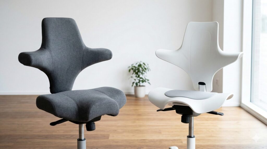 HAGカピスコ8106（フルクッション）とカピスコパルス（樹脂製）を並べて比較。素材感とデザインの違いを示す。