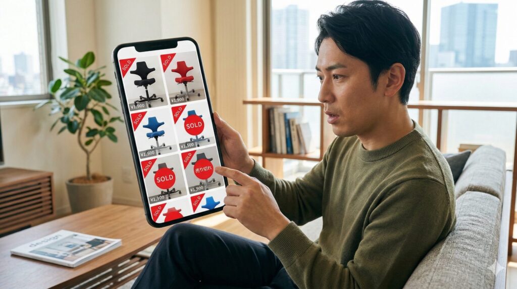日本人男性がスマートフォンでフリマアプリのカピスコ出品情報を確認している。画面上には「SOLD（売り切れ）」マークが多く、高い人気と資産価値を示す。