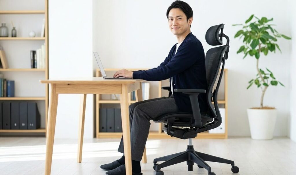 自宅のスタイリッシュな書斎で、至高の一脚となるオフィスチェアに座り、満足げな表情で作業をする日本人男性。長期的な投資の成功を表現。
