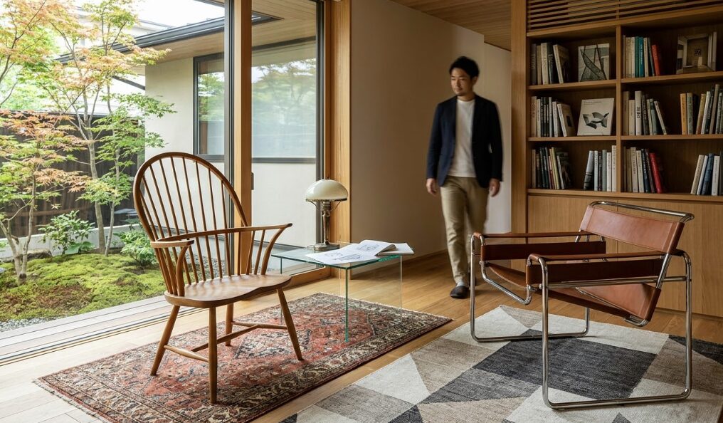 洗練された空間に並ぶ、歴史的なデザインの源流を感じさせる2脚の名作椅子。