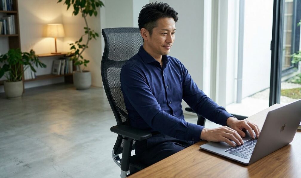メッシュ素材のオフィスチェアに座り、快適にPC作業を行う日本人男性。身体にフィットする様子を表現。