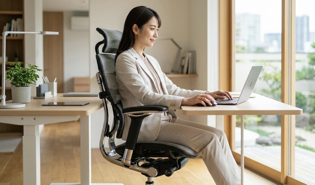 多機能なエルゴノミクスチェアに座り、自然な動きで快適に作業する日本人女性。