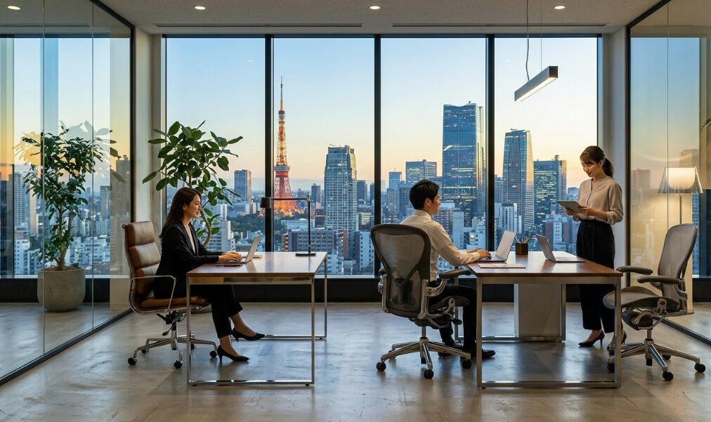 世界的な名作オフィスチェアが配置された、モダンで洗練された都市型のオフィス空間。