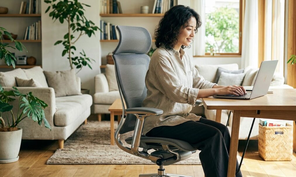 自宅のリビングに馴染む、おしゃれなデザインのメッシュ素材オフィスチェアと、そこでリラックスして作業する日本人女性。