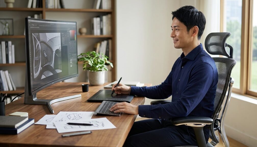 自分に完璧にフィットした一生モノのオフィスチェアに座り、充実した表情で創造的な作業に取り組む日本人男性。